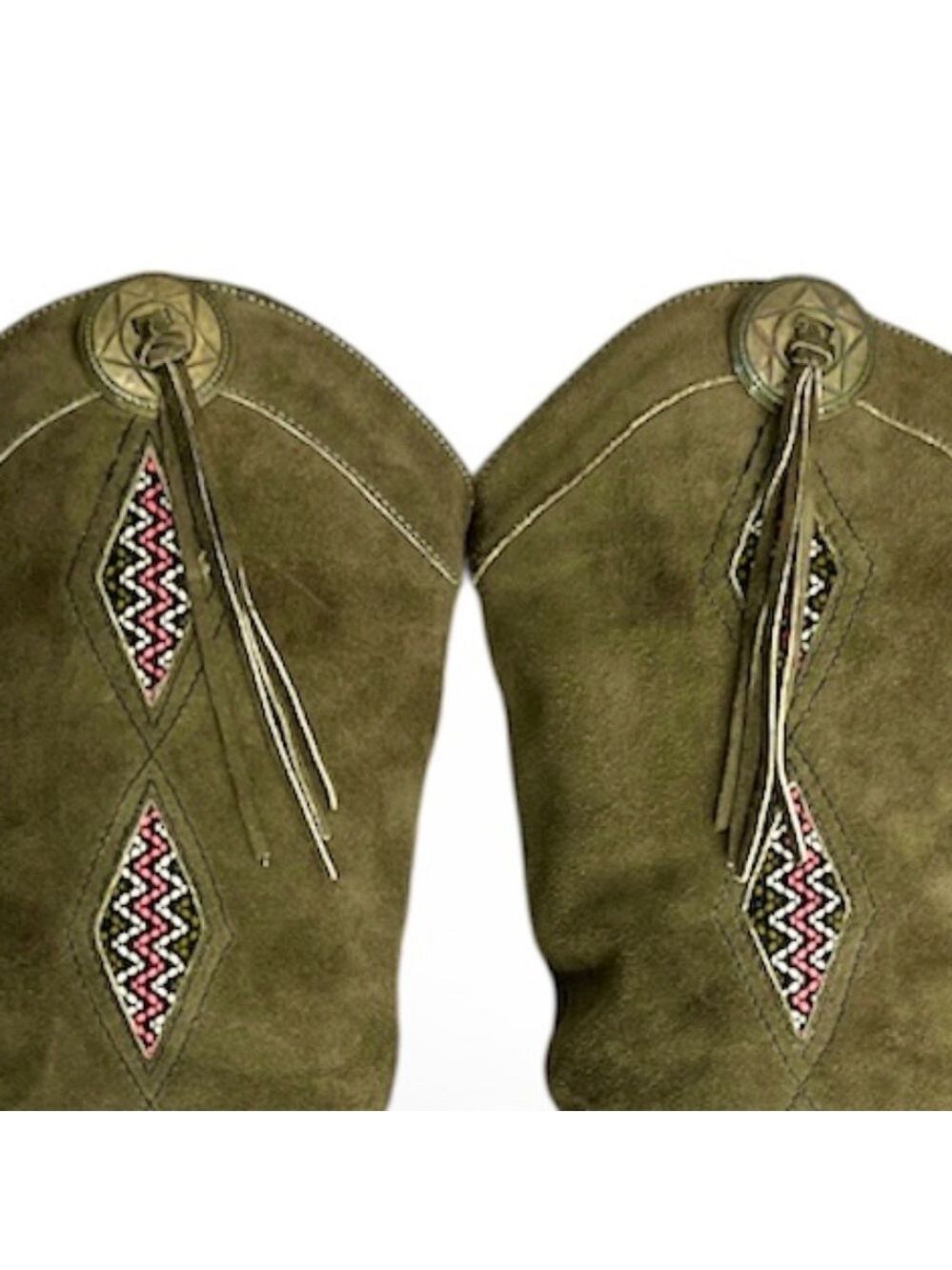 Vtg 80s Kaufman Canada green suede embroidered tassel western mid calf boots 8 - Picture 8 of 15